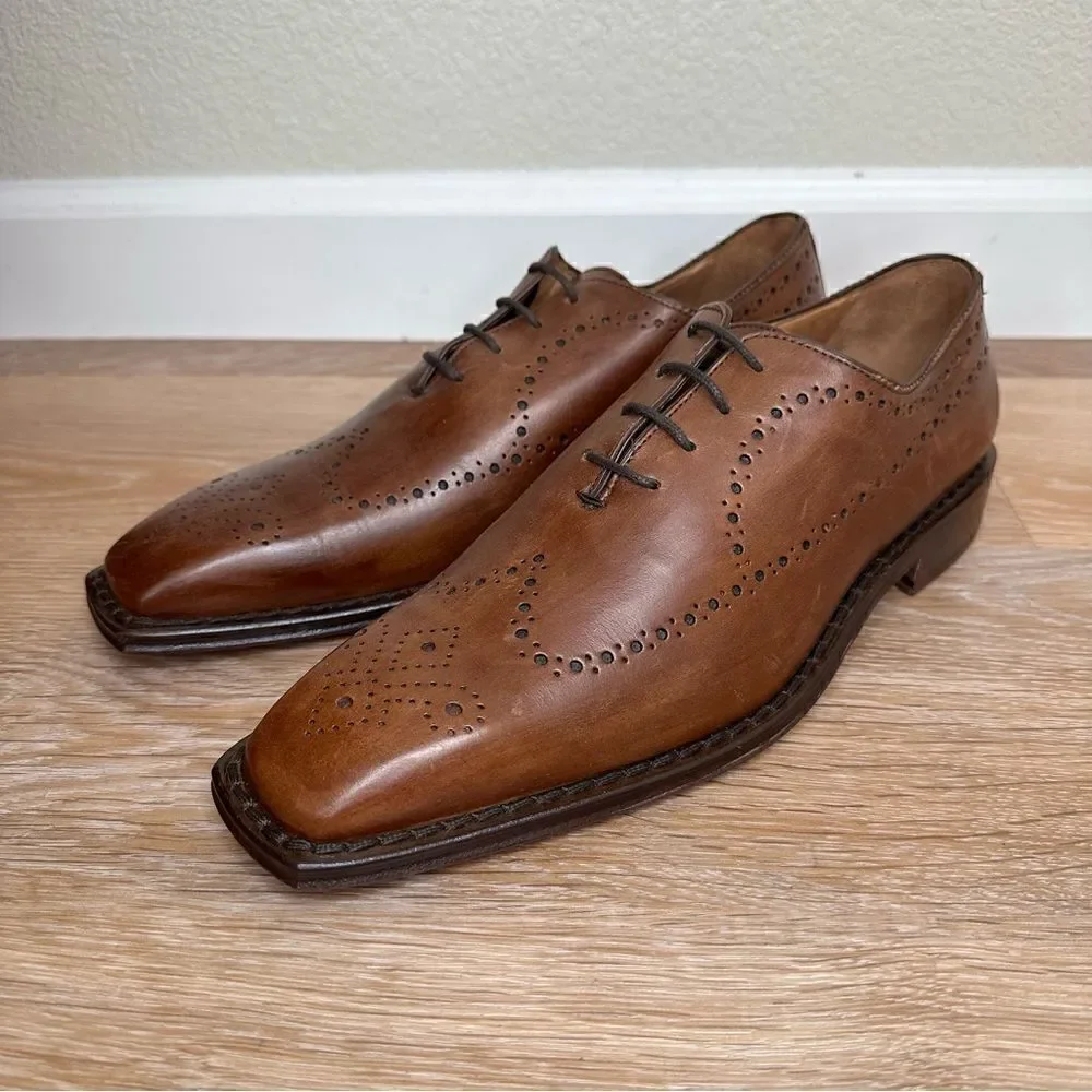 Calzoleria Toscana Brown Genuine Leather Brogue Wingtip Oxford Shoes